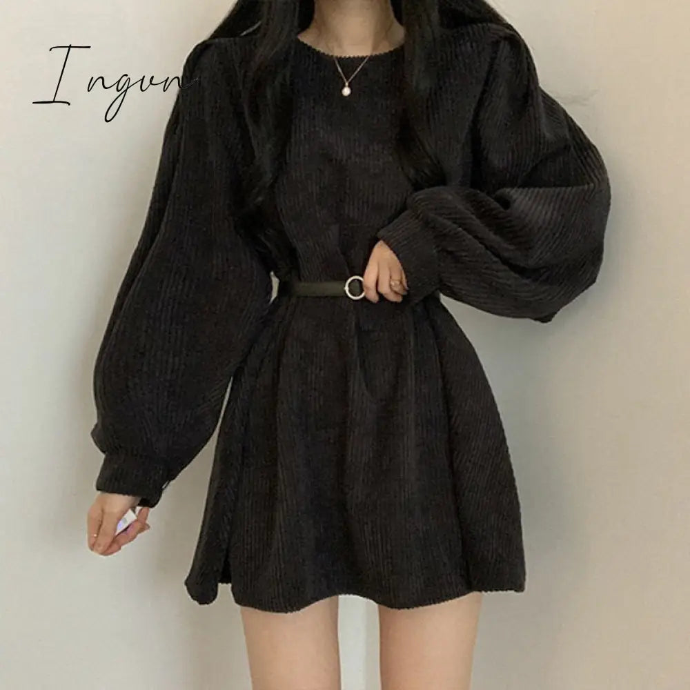 Ingvn - Vintage Corduroy Belt Dress Women Solid O - Neck Lantern Sleeve Mini Dresses Ladies Korean