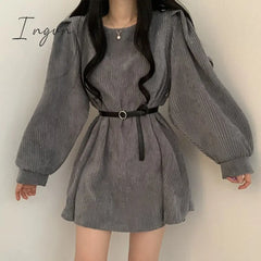 Ingvn - Vintage Corduroy Belt Dress Women Solid O - Neck Lantern Sleeve Mini Dresses Ladies Korean