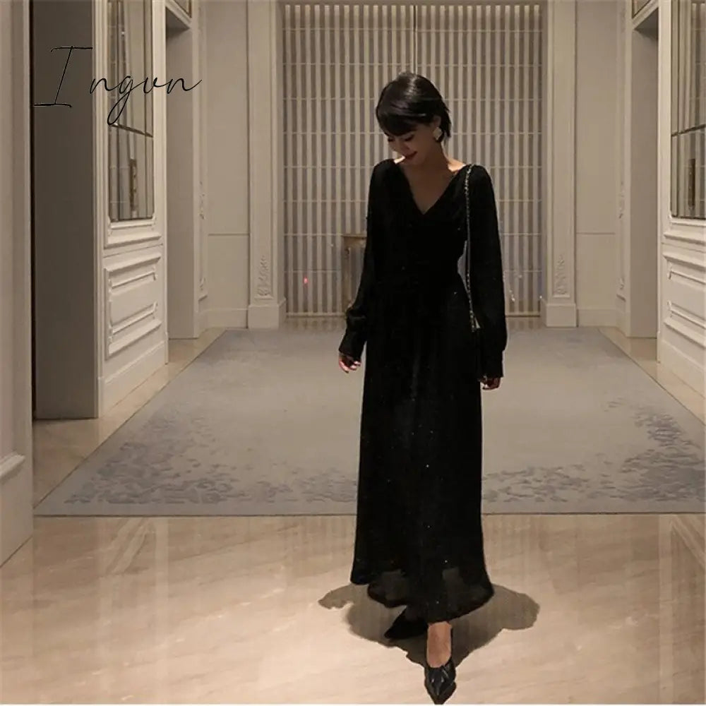 Ingvn - Vintage Glitter Long Maxi Dress Women Spring High Waist Sleeve Elegant Boho Shiny Party