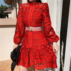 Ingvn - Vintage Hollow Out Lace Floral Embroidery Dress Spring Autumn Women Stand Collar Lantern