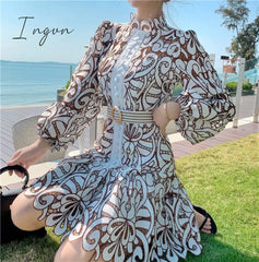Ingvn - Vintage Hollow Out Lace Floral Embroidery Dress Spring Autumn Women Stand Collar Lantern