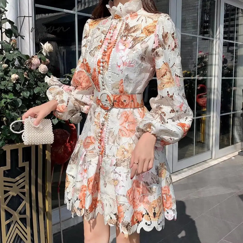 Ingvn - Vintage Hollow Out Lace Floral Embroidery Dress Spring Autumn Women Stand Collar Lantern