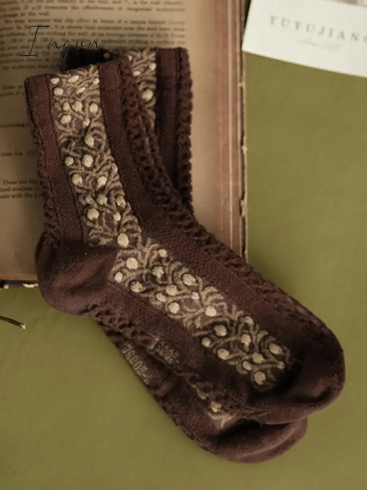 Ingvn - Vintage Jacquard Cotton Socks Accessories Coffee / Free Size Warmers