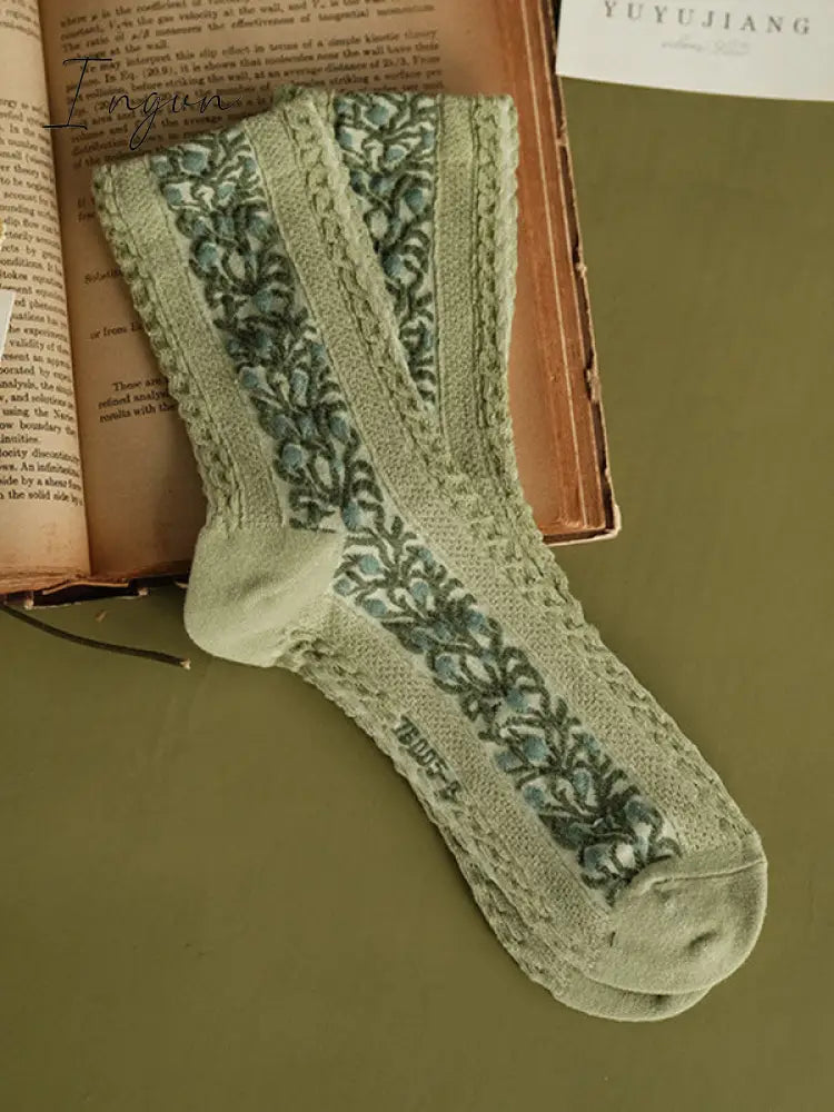 Ingvn - Vintage Jacquard Cotton Socks Accessories Green / Free Size Warmers