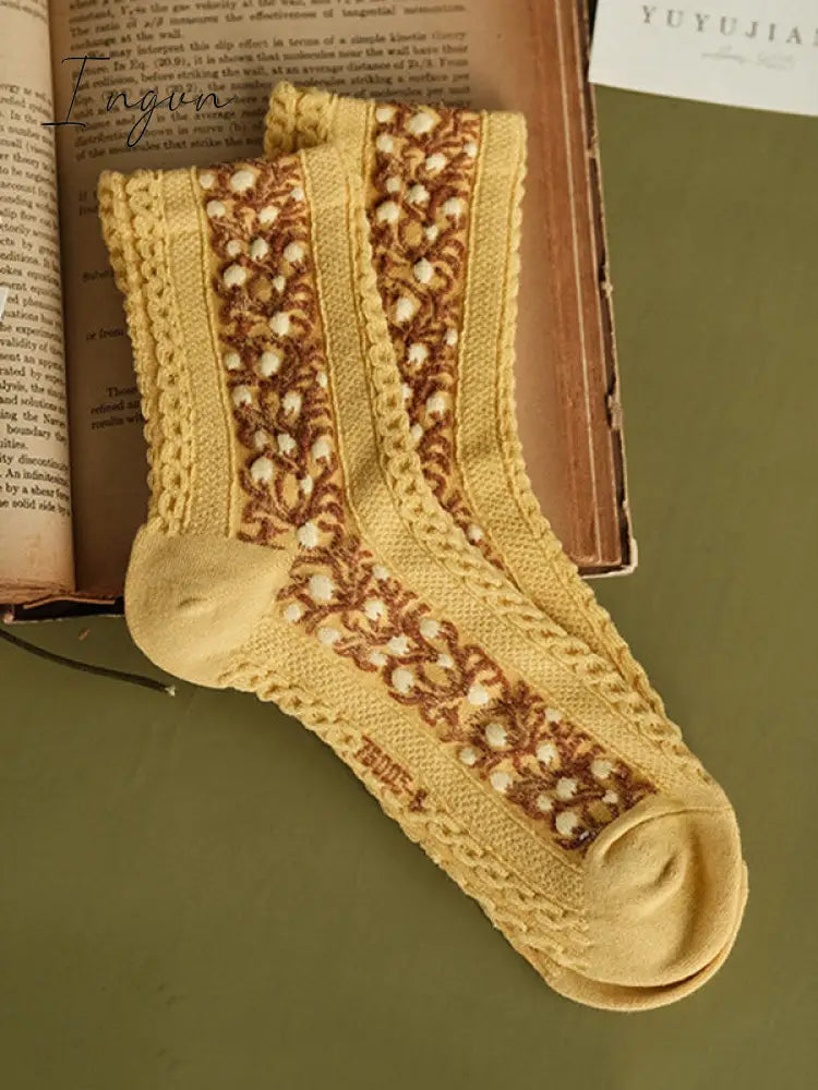 Ingvn - Vintage Jacquard Cotton Socks Accessories Yellow / Free Size Warmers