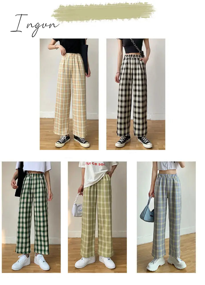 Ingvn - Vintage Plaid Pants Women High Waist Plus Size Wide Leg Casual Female Trousers Summer