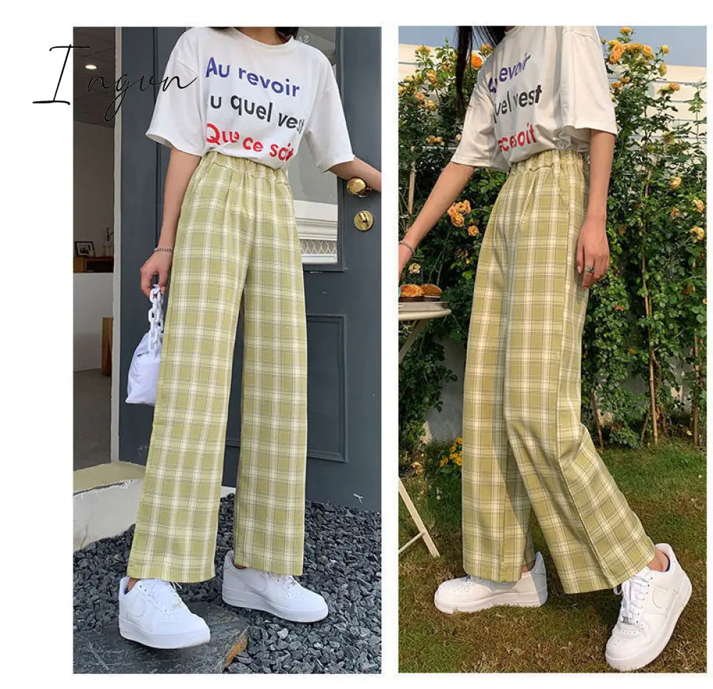 Ingvn - Vintage Plaid Pants Women High Waist Plus Size Wide Leg Casual Female Trousers Summer