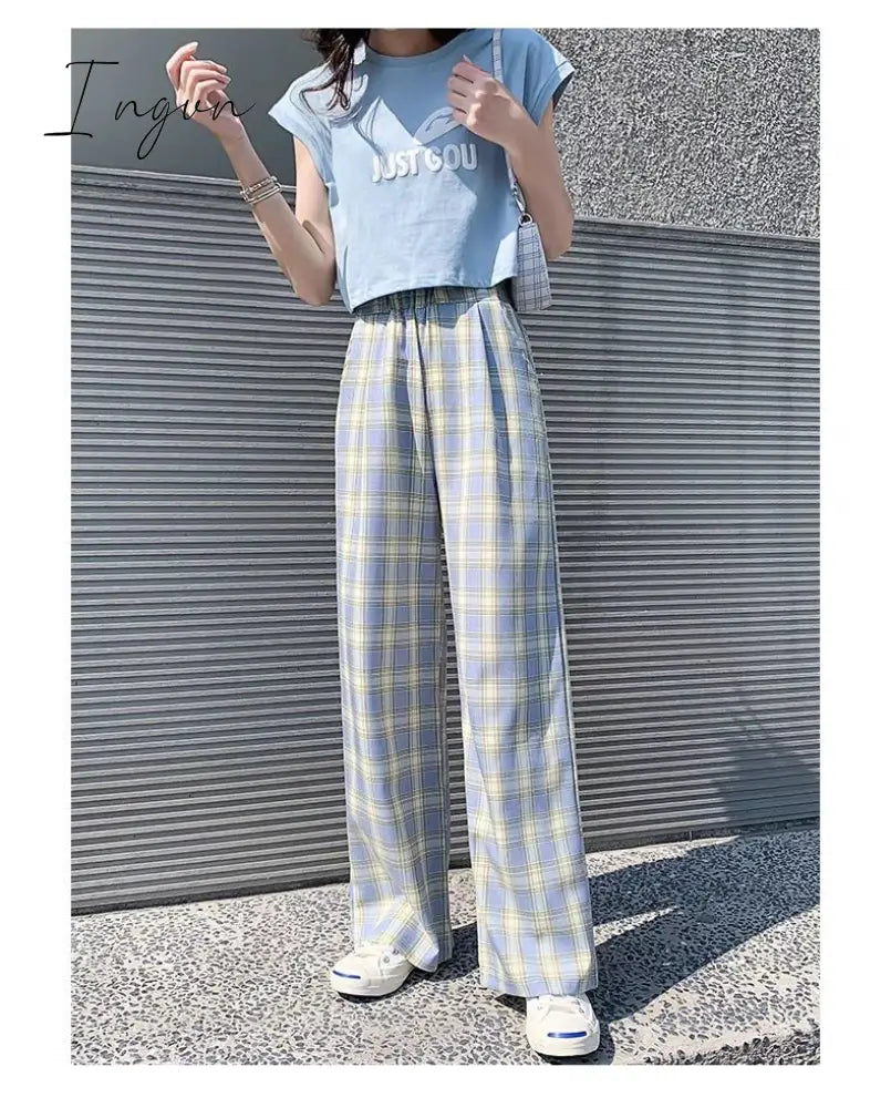 Ingvn - Vintage Plaid Pants Women High Waist Plus Size Wide Leg Casual Female Trousers Summer