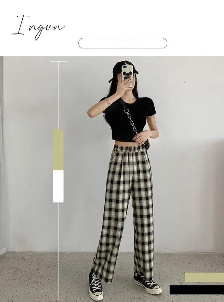 Ingvn - Vintage Plaid Pants Women High Waist Plus Size Wide Leg Casual Female Trousers Summer