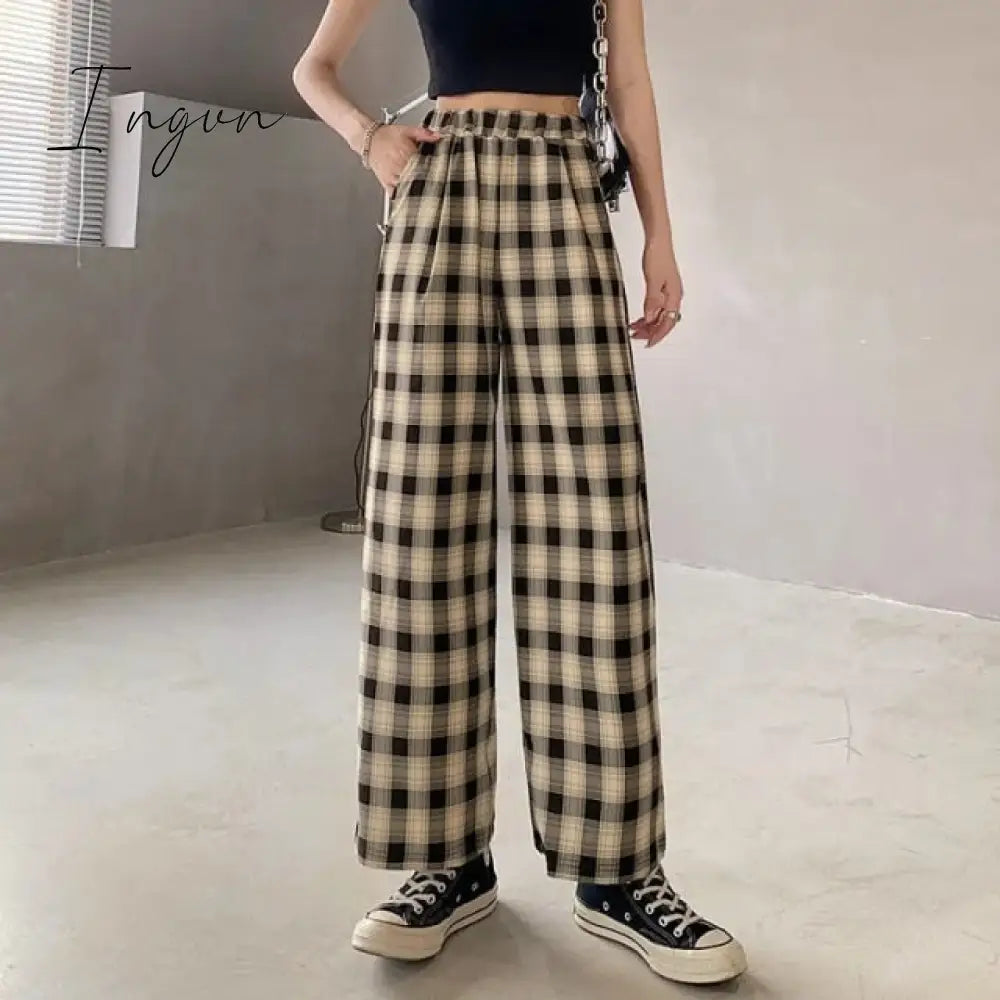 Ingvn - Vintage Plaid Pants Women High Waist Plus Size Wide Leg Casual Female Trousers Summer