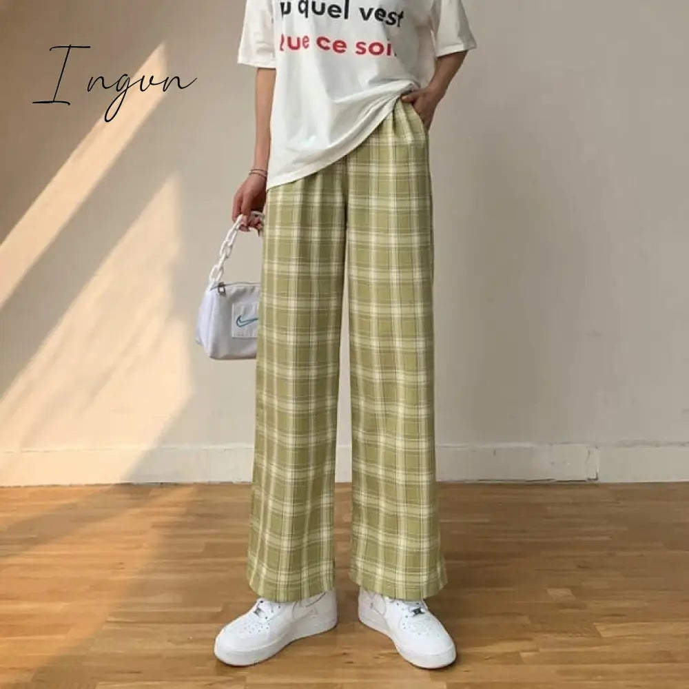 Ingvn - Vintage Plaid Pants Women High Waist Plus Size Wide Leg Casual Female Trousers Summer