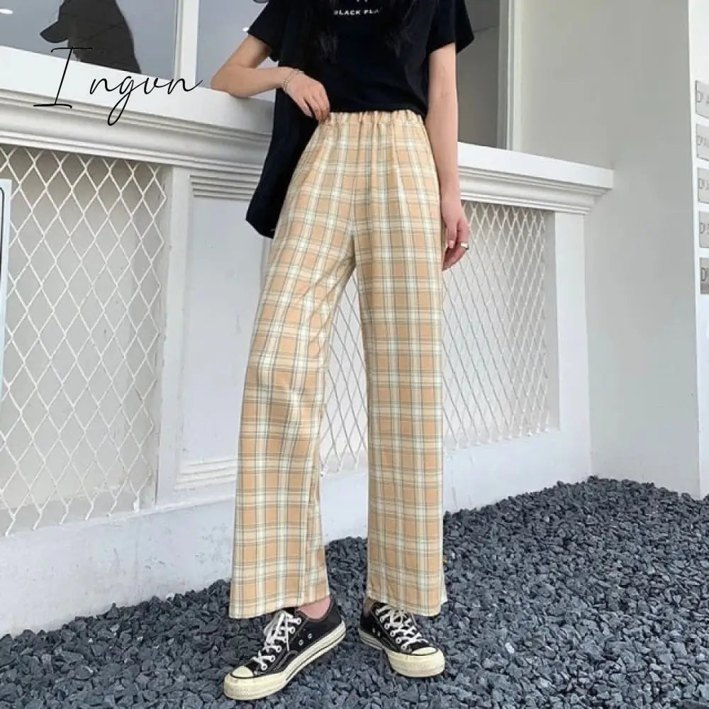 Ingvn - Vintage Plaid Pants Women High Waist Plus Size Wide Leg Casual Female Trousers Summer