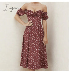Ingvn - Vintage Solid Button Midi Dress Sexy Party Club Bodycon Strapless High Split Dresses Women