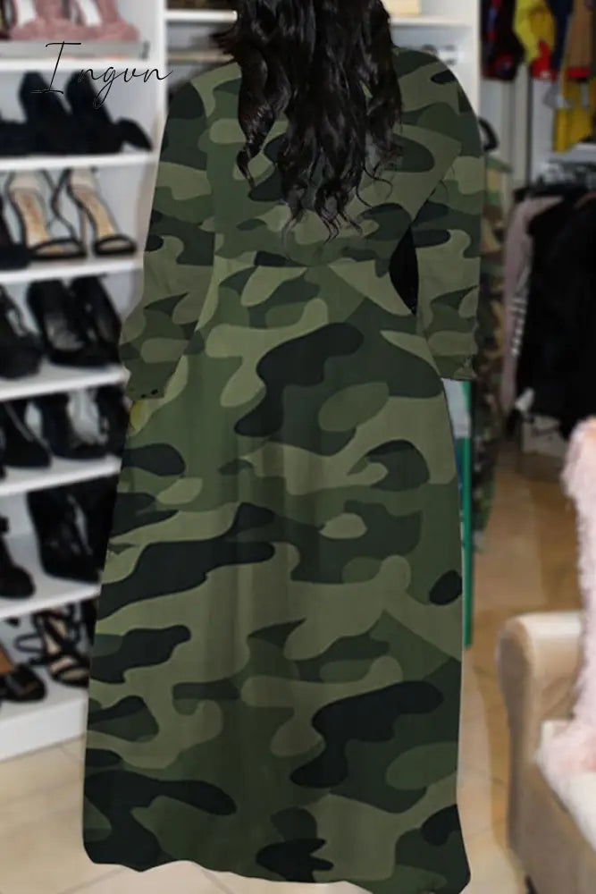 Ingvn - White Casual Print Camouflage Bandage Patchwork Buckle Turndown Collar Long Dress Plus Size