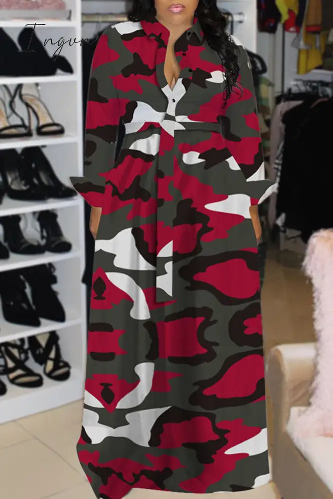 Ingvn - White Casual Print Camouflage Bandage Patchwork Buckle Turndown Collar Long Dress Plus Size