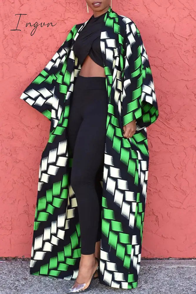 Ingvn - White Casual Street Print Patchwork Cardigan Collar Plus Size Overcoat Green / L Plus Size