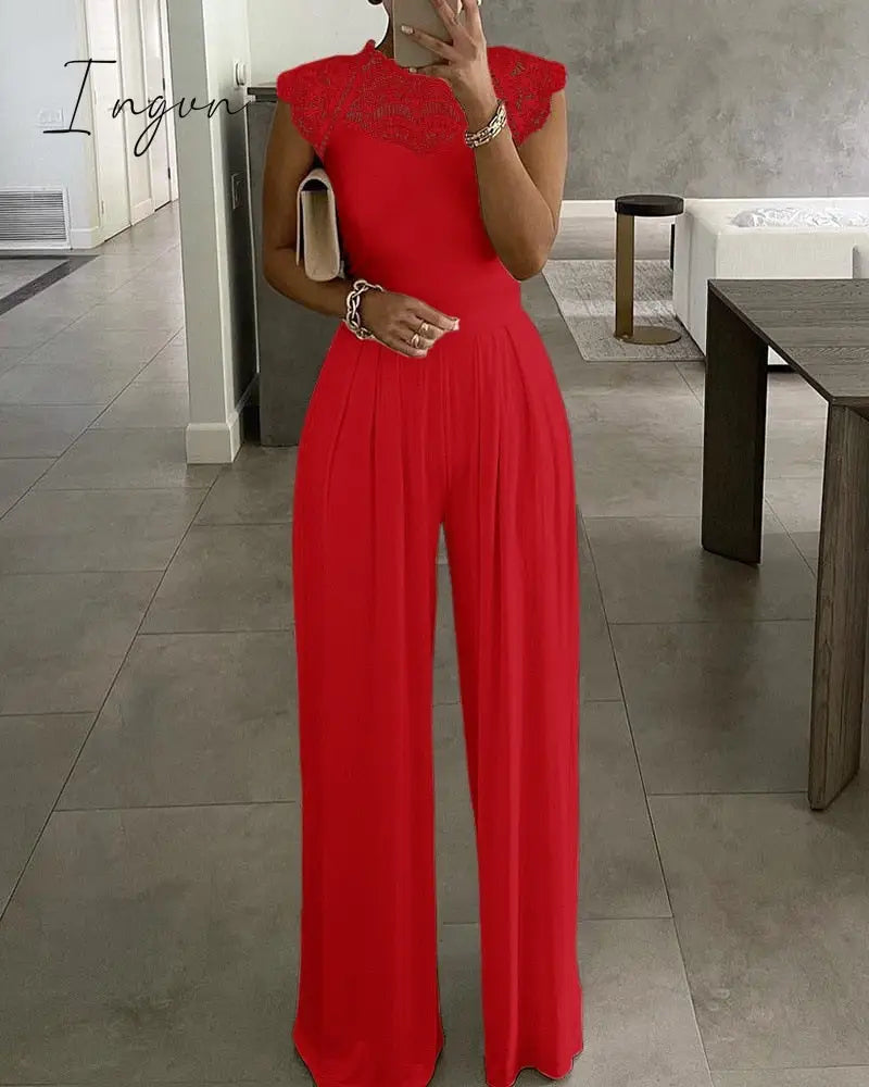 Ingvn - White Long Trouser Wide Leg Jumpsuits Pant Ladies Fashion Loose Casual Lace Jumpsuit Female