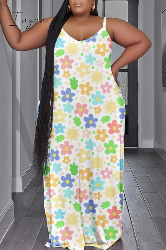 Ingvn - White Sexy Casual Print Backless Spaghetti Strap Long Dress Plus Size Dresses Plus Size