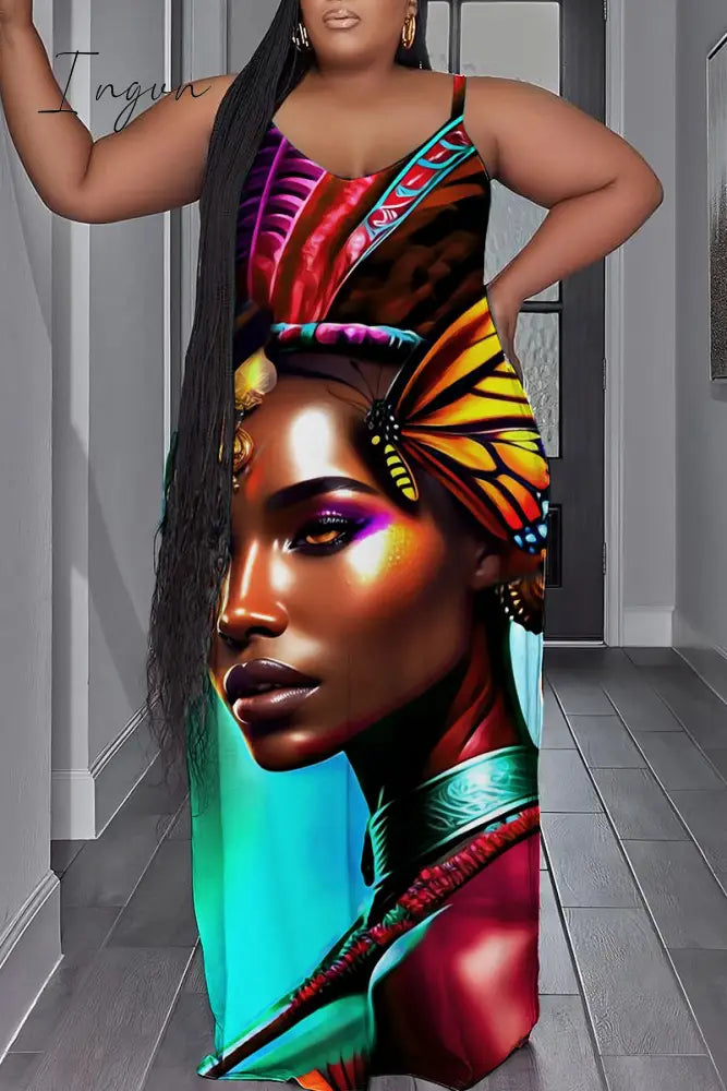 Ingvn - White Sexy Casual Print Backless Spaghetti Strap Long Dress Plus Size Dresses Brown / Xs