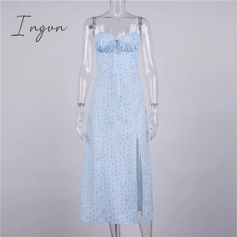 Ingvn - Wine Floral Dress Women Prairie Chic Spaghetti Straps Backless Chest Draped Lace Up Side