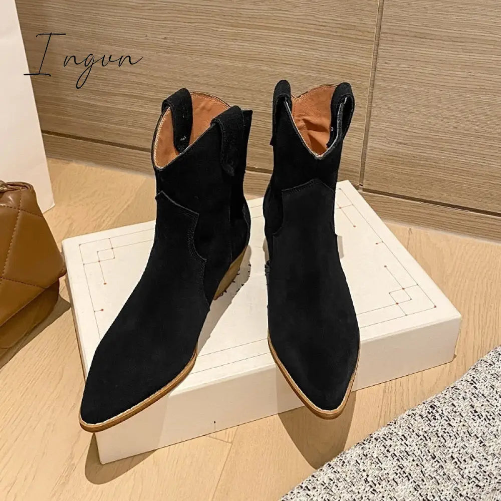 Ingvn - Winter Classic Chelsea Boots For Woman Cow Suede Pointy Toe Wedge Heel Ankle Simple