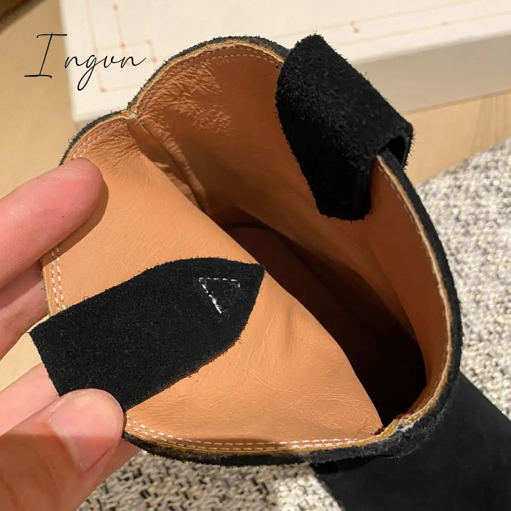 Ingvn - Winter Classic Chelsea Boots For Woman Cow Suede Pointy Toe Wedge Heel Ankle Simple