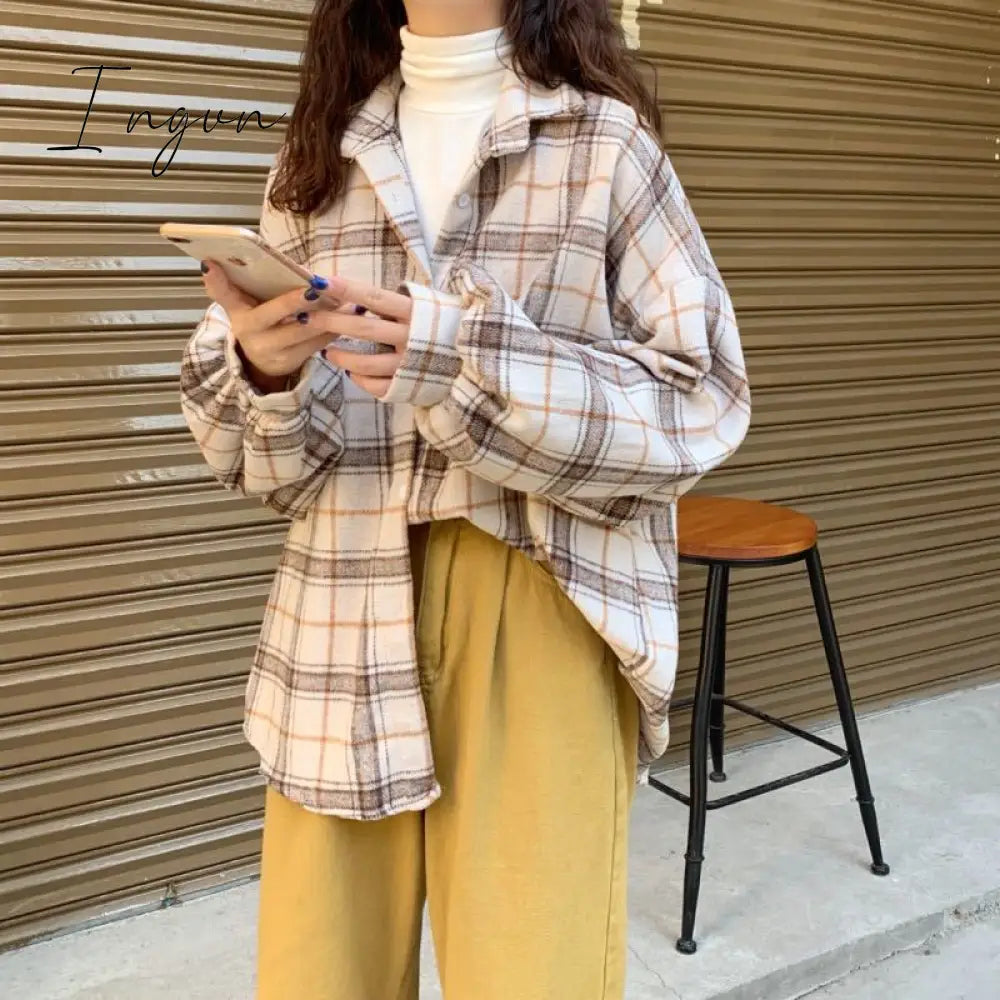 Ingvn - Women Blouses Turn - Down Collar Spring Shirts Plaid All - Match Bf Batwing - Sleeve Loose