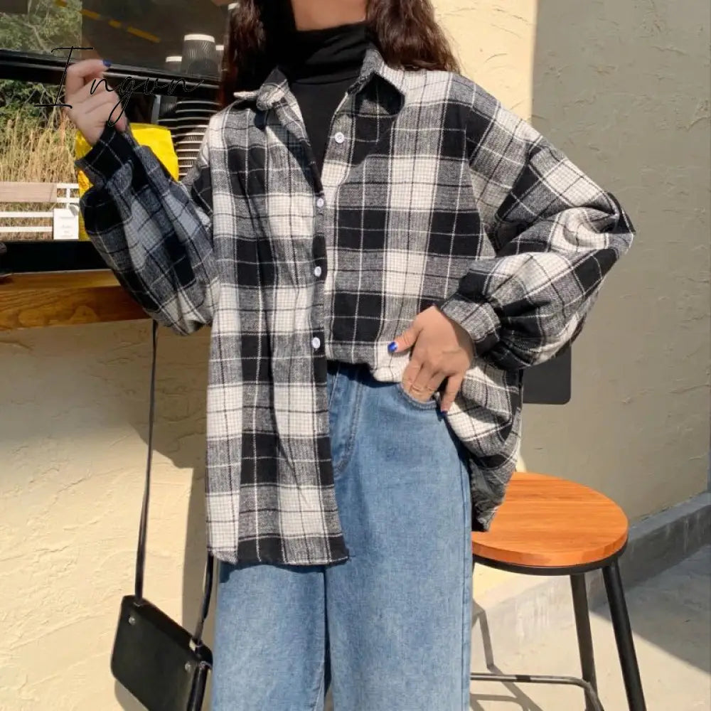 Ingvn - Women Blouses Turn - Down Collar Spring Shirts Plaid All - Match Bf Batwing - Sleeve Loose