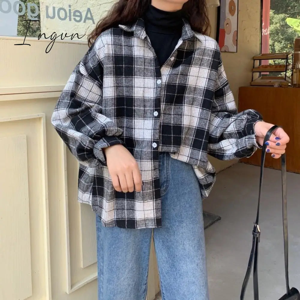 Ingvn - Women Blouses Turn - Down Collar Spring Shirts Plaid All - Match Bf Batwing - Sleeve Loose