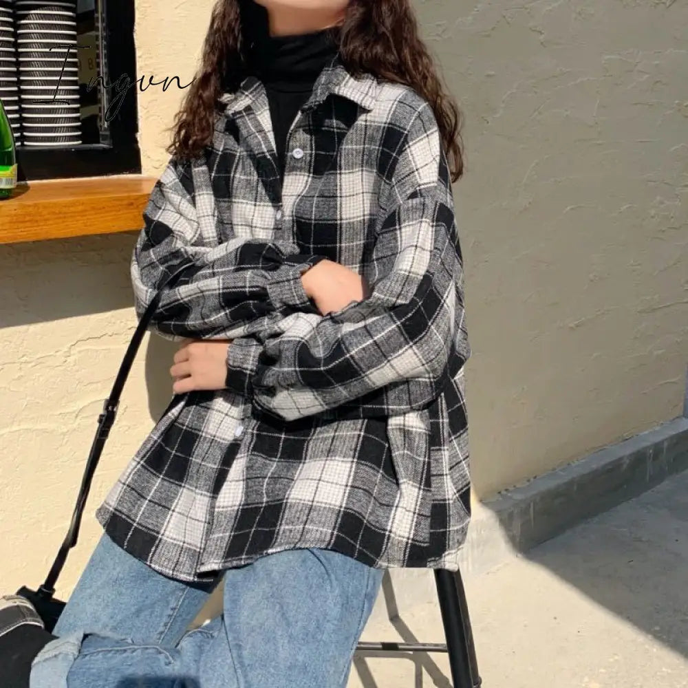 Ingvn - Women Blouses Turn - Down Collar Spring Shirts Plaid All - Match Bf Batwing - Sleeve Loose