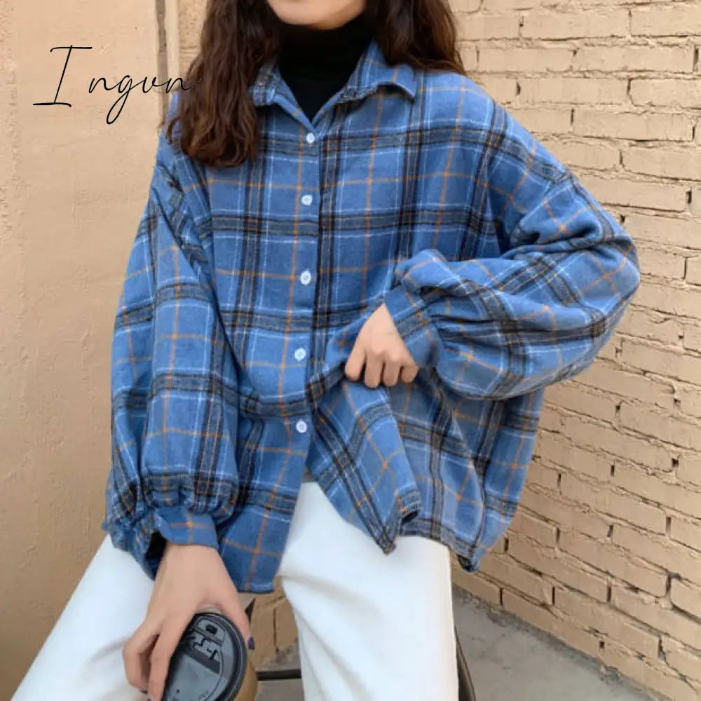 Ingvn - Women Blouses Turn - Down Collar Spring Shirts Plaid All - Match Bf Batwing - Sleeve Loose