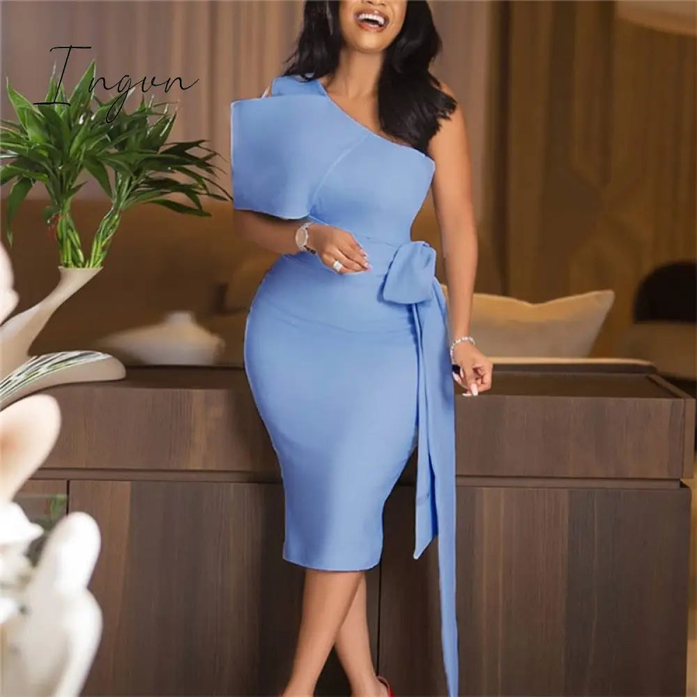 Ingvn - Women Bodycon Dresses One Shoulder With Bowtie Waist Belt Light Blue Dress Elegant Slim