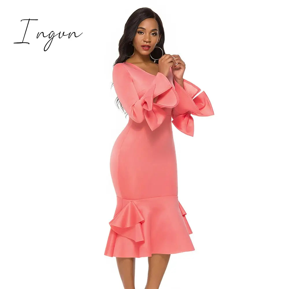 Ingvn - Women Bodycon Party Dress Long Flare Sleeves Cold Shoulder Ruffles Bowtie Elegant Slim