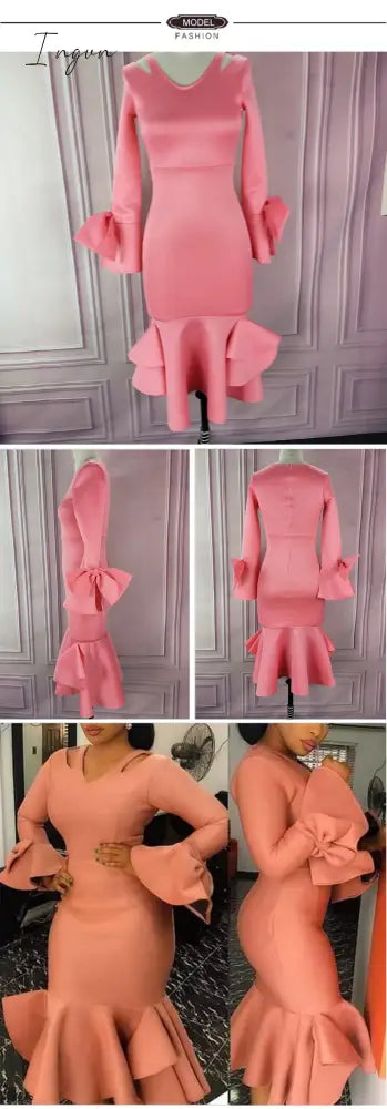 Ingvn - Women Bodycon Party Dress Long Flare Sleeves Cold Shoulder Ruffles Bowtie Elegant Slim