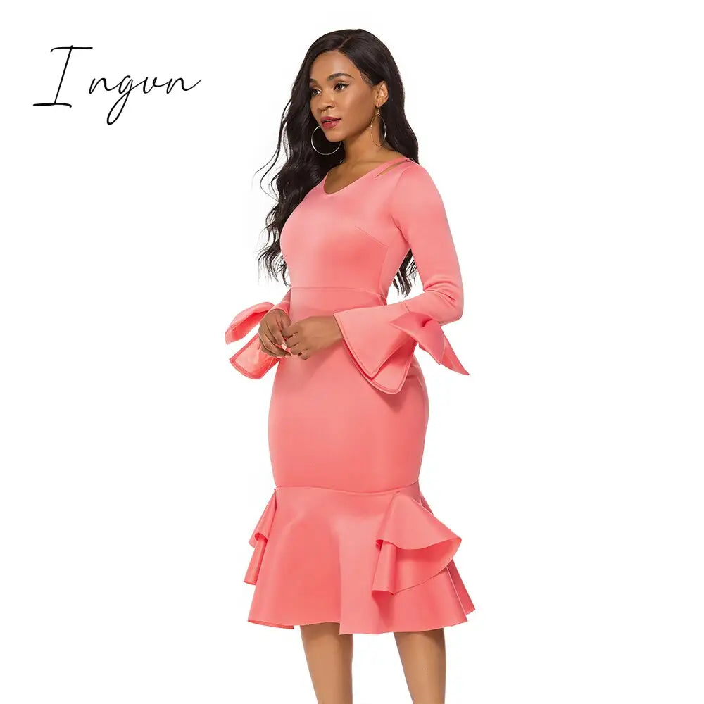 Ingvn - Women Bodycon Party Dress Long Flare Sleeves Cold Shoulder Ruffles Bowtie Elegant Slim
