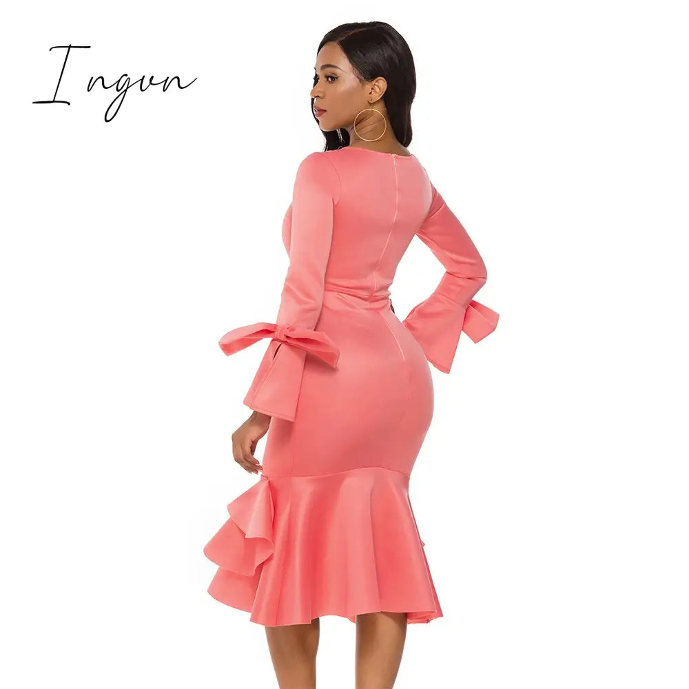 Ingvn - Women Bodycon Party Dress Long Flare Sleeves Cold Shoulder Ruffles Bowtie Elegant Slim