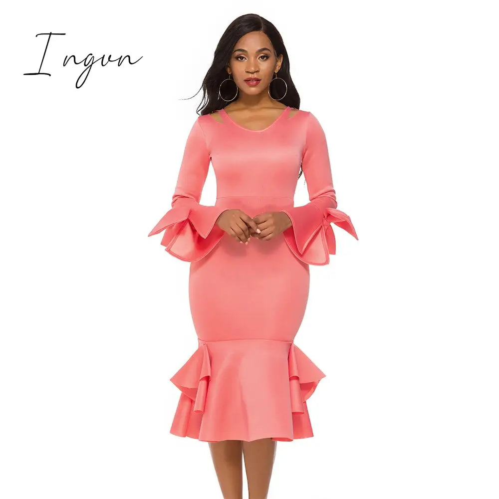 Ingvn - Women Bodycon Party Dress Long Flare Sleeves Cold Shoulder Ruffles Bowtie Elegant Slim