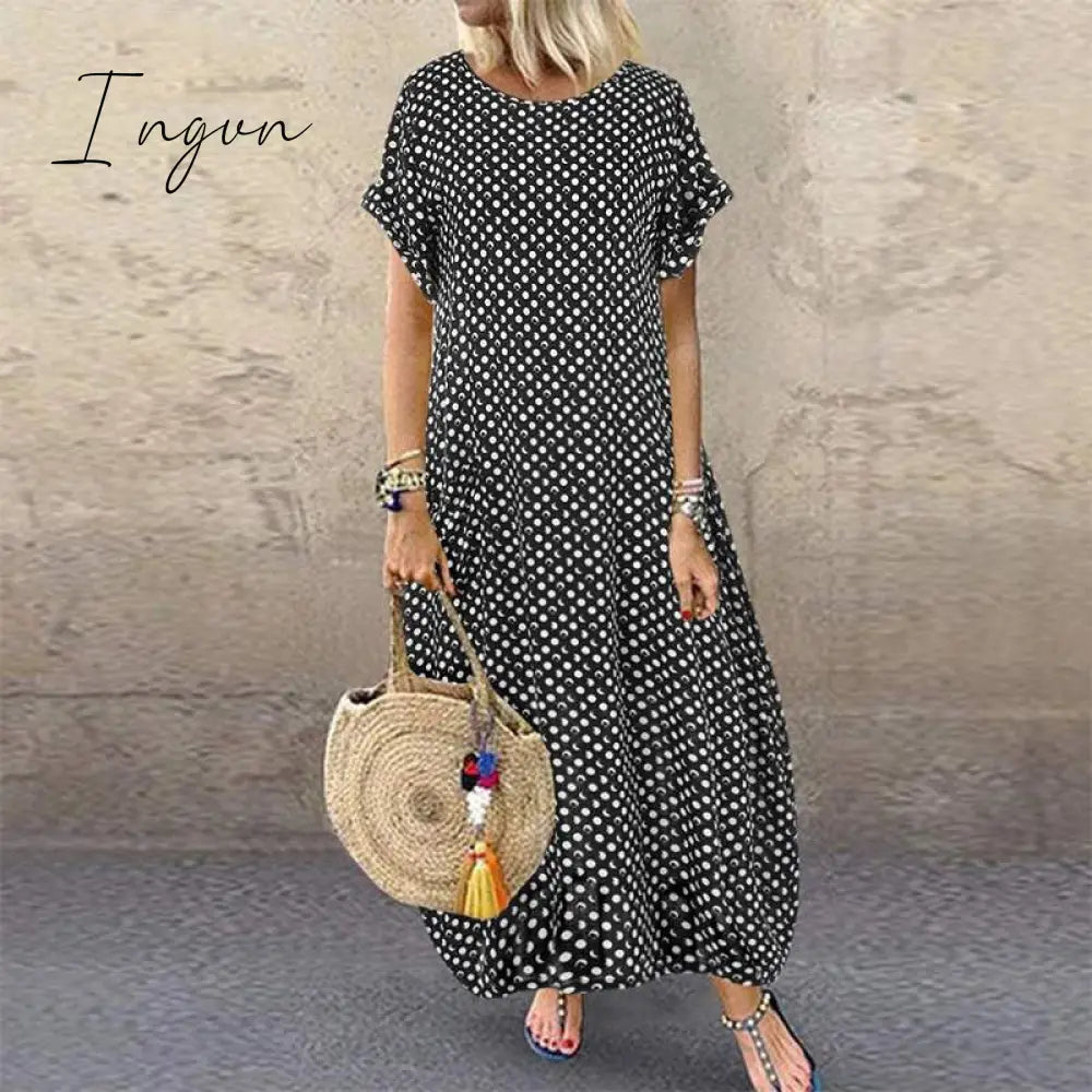 Ingvn - Women Crew Neck Short Sleeve Long Dresses Black / S