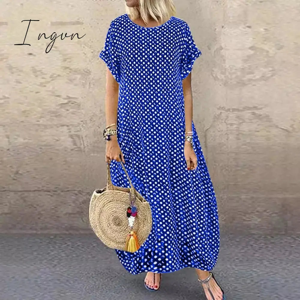 Ingvn - Women Crew Neck Short Sleeve Long Dresses Blue / S