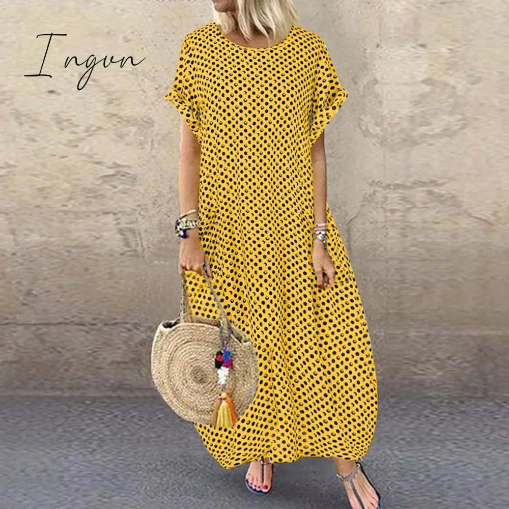 Ingvn - Women Crew Neck Short Sleeve Long Dresses Yellow / S