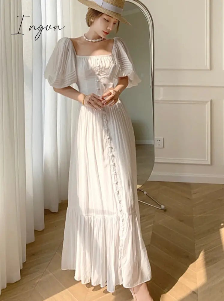 Ingvn - Women Dress 2023 Summer French Elegant Temperament Seaside Vacation Clothes Puff Sleeve