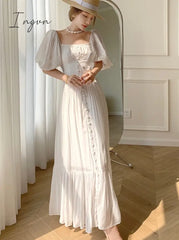 Ingvn - Women Dress 2023 Summer French Elegant Temperament Seaside Vacation Clothes Puff Sleeve