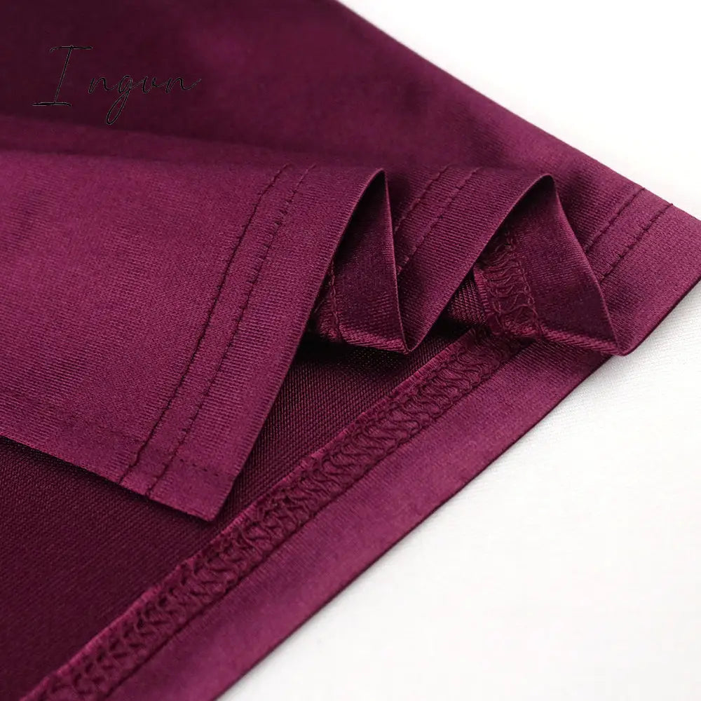 Ingvn - Women Dress Pleated Long Wine Red Elegant Slit High Collar Slim Fit Sleeveless Maxi Robes