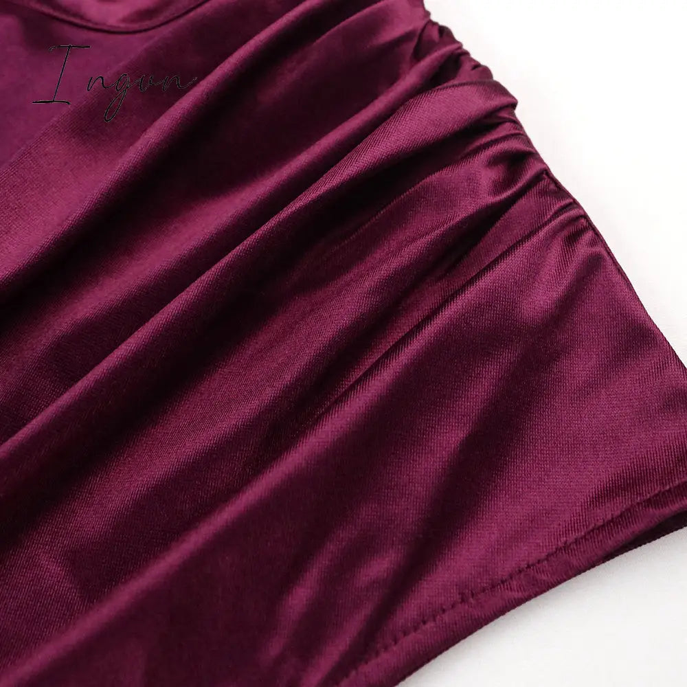 Ingvn - Women Dress Pleated Long Wine Red Elegant Slit High Collar Slim Fit Sleeveless Maxi Robes