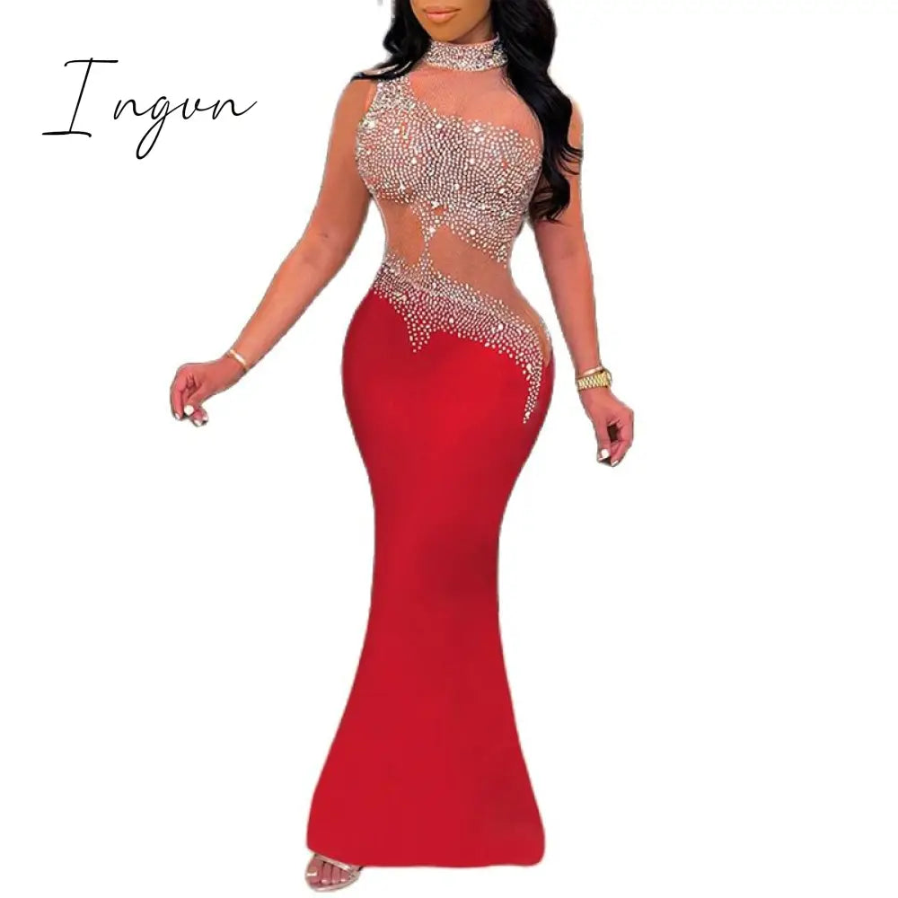 Ingvn - Women Elegant Formal Gown Maxi Dress Female Stylish Long Party Rhinestone Mesh Splicing