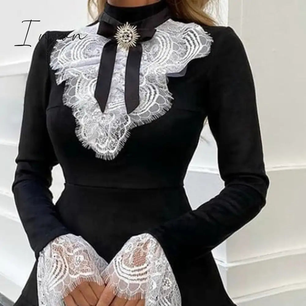 Ingvn - Women Eyelash Lace Bell Sleeve Ruffles Dress Party Elegant Fashion