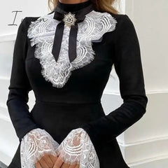 Ingvn - Women Eyelash Lace Bell Sleeve Ruffles Dress Party Elegant Fashion
