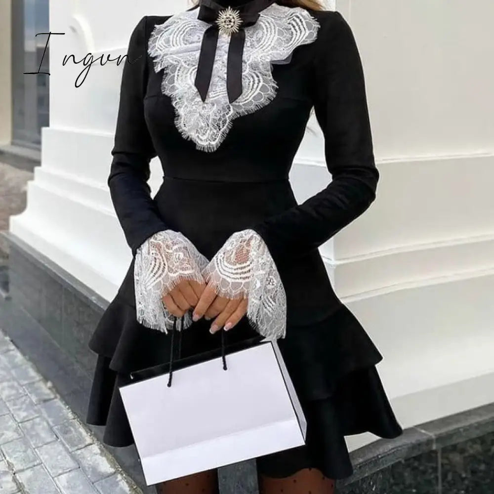 Ingvn - Women Eyelash Lace Bell Sleeve Ruffles Dress Party Elegant Fashion