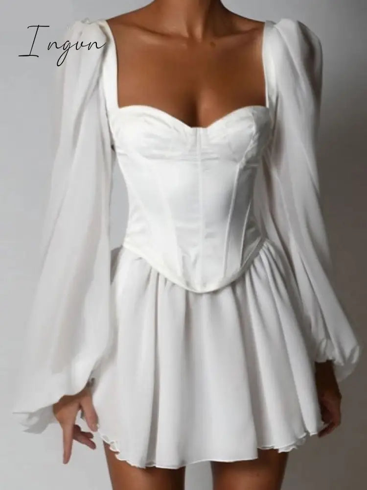 Ingvn - Women Fashion Elegant High Waist Slim Solid White Office Lady A - Line Mini Dress Spring