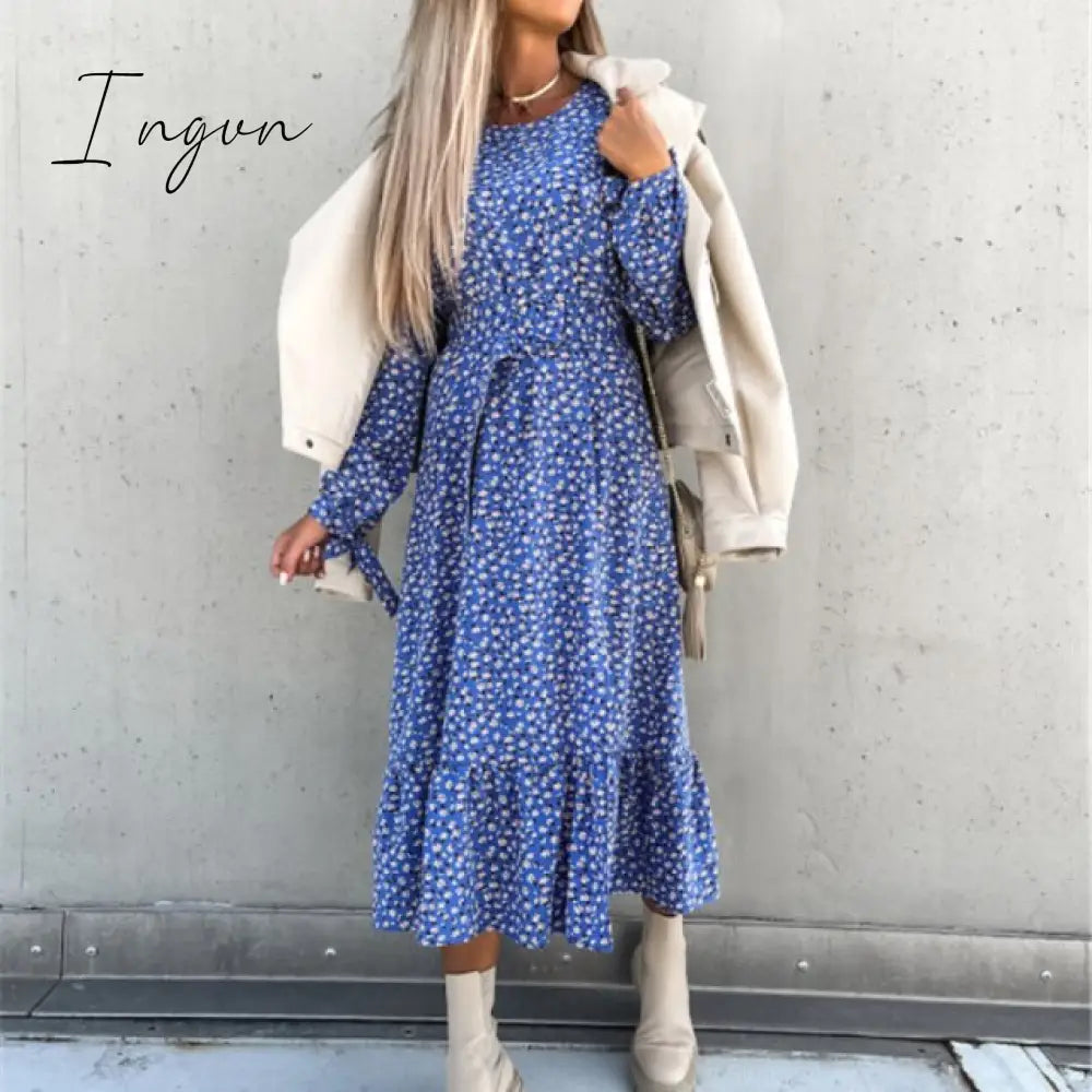 Ingvn - Women Floral Print V Neck Side Slit Party Dress Spring Autumn Long Sleeve Elegant Ladies